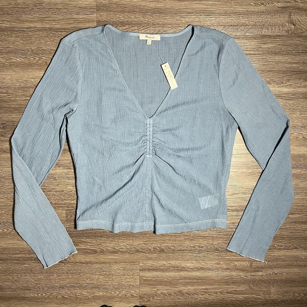Madewell Semi-Sheer Shirred V-Neck Top Women's L Tranquil Lake Blue NM646 NWT